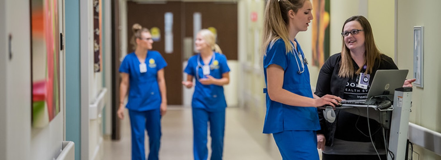 View of nursing students in hallway.